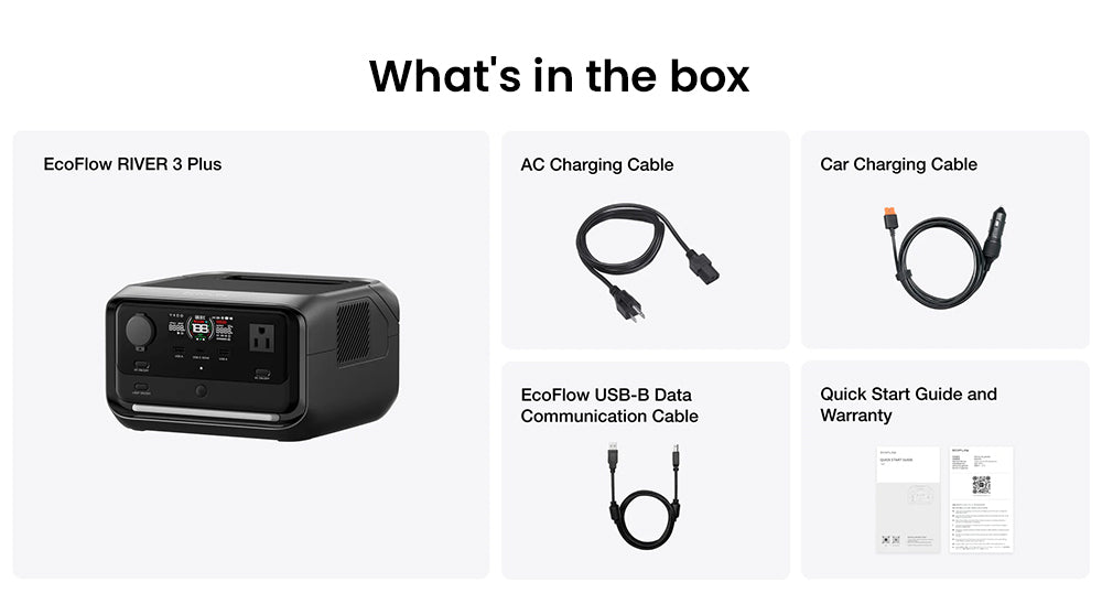 Přenosná elektrárna EcoFlow RIVER 3 Plus, baterie LiFePO4 286 Wh, výstupní výkon 600 W až 1200 W AC, 7 zásuvek, UPS <10 ms a hluk <30 dB, rozšiřitelná až na 858 Wh, ovládání aplikací, solární generátor s rychlým nabíjením za 1 hodinu pro venkovní kempování/obytné vozy/domácí použití