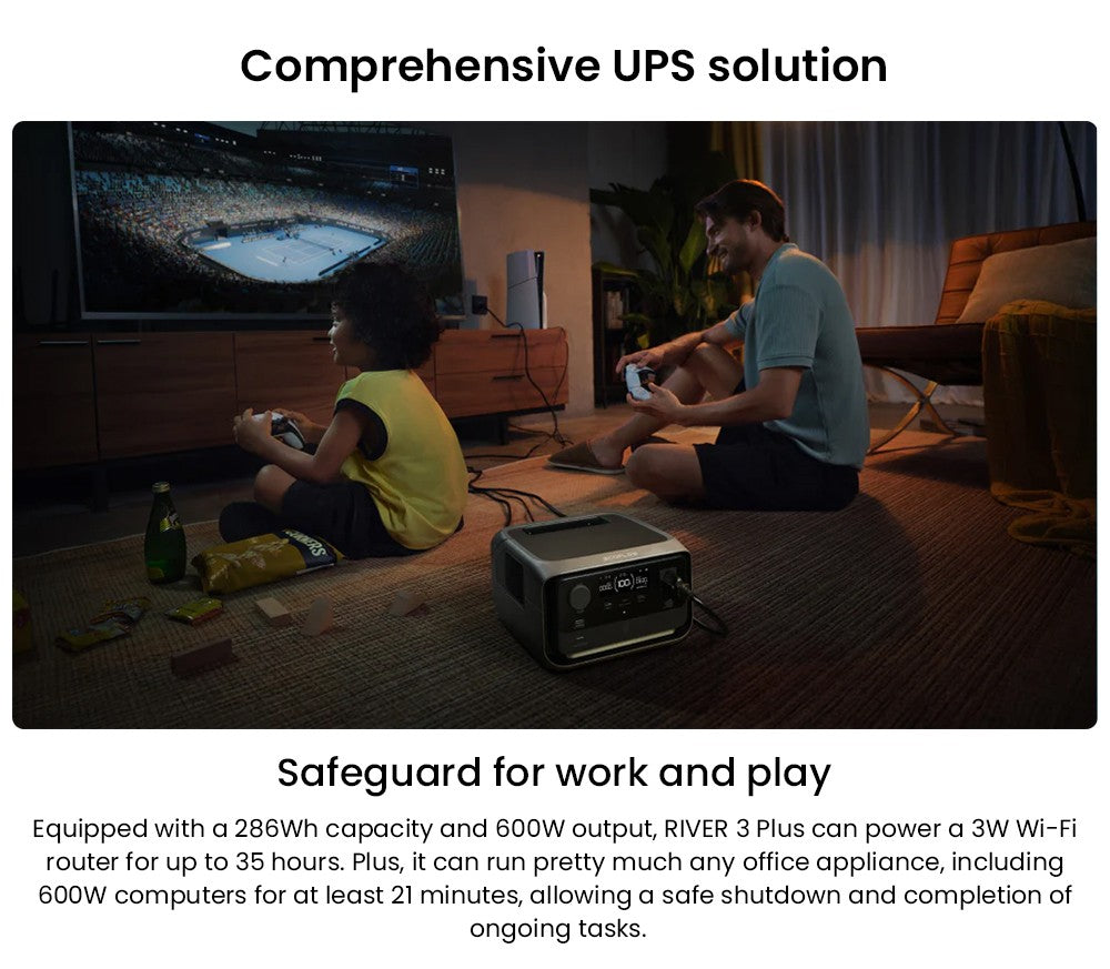 Přenosná elektrárna EcoFlow RIVER 3 Plus, baterie LiFePO4 286 Wh, výstupní výkon 600 W až 1200 W AC, 7 zásuvek, UPS <10 ms a hluk <30 dB, rozšiřitelná až na 858 Wh, ovládání aplikací, solární generátor s rychlým nabíjením za 1 hodinu pro venkovní kempování/obytné vozy/domácí použití