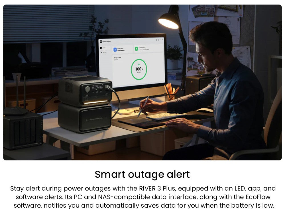 Přenosná elektrárna EcoFlow RIVER 3 Plus, baterie LiFePO4 286 Wh, výstupní výkon 600 W až 1200 W AC, 7 zásuvek, UPS <10 ms a hluk <30 dB, rozšiřitelná až na 858 Wh, ovládání aplikací, solární generátor s rychlým nabíjením za 1 hodinu pro venkovní kempování/obytné vozy/domácí použití