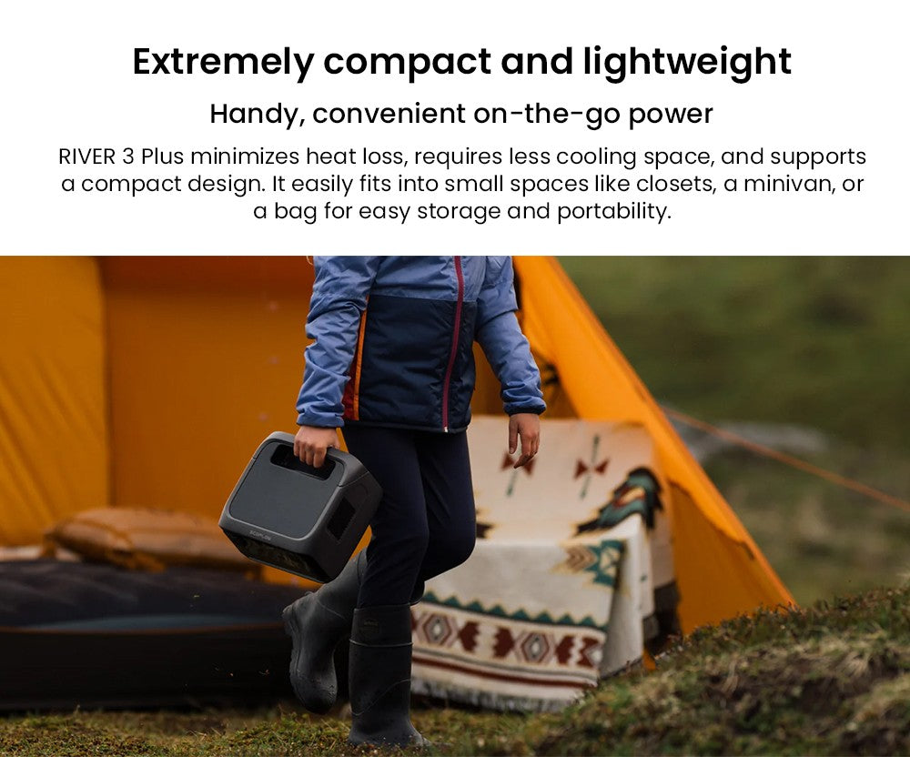 Přenosná elektrárna EcoFlow RIVER 3 Plus, baterie LiFePO4 286 Wh, výstupní výkon 600 W až 1200 W AC, 7 zásuvek, UPS <10 ms a hluk <30 dB, rozšiřitelná až na 858 Wh, ovládání aplikací, solární generátor s rychlým nabíjením za 1 hodinu pro venkovní kempování/obytné vozy/domácí použití