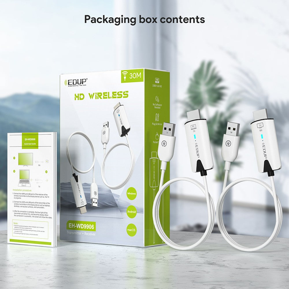 Bezdrátový HDMI vysílač a přijímač EDUP EH-WD9906, Plug & Play, zrcadlení a prodloužení obrazovky, přenos 98 stop (32 m), 1 RX až 8 TX