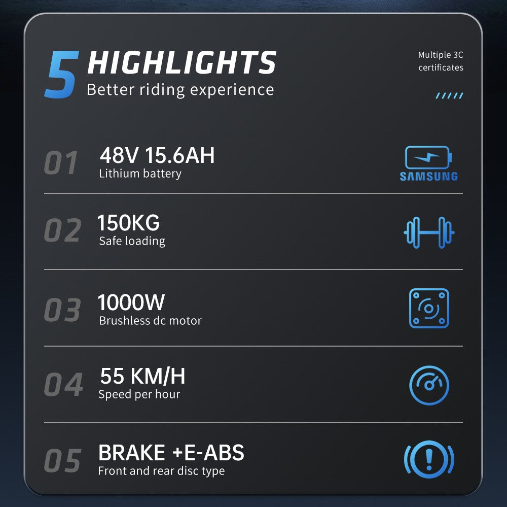 Elektrokolo EKXBIKE L1, motor 1000 W, baterie 48 V 15,6 Ah, tlusté pneumatiky 20*4 palce, maximální rychlost 55 km/h, dojezd 80 km, kotoučová brzda, odpružení předního a zadního kola
