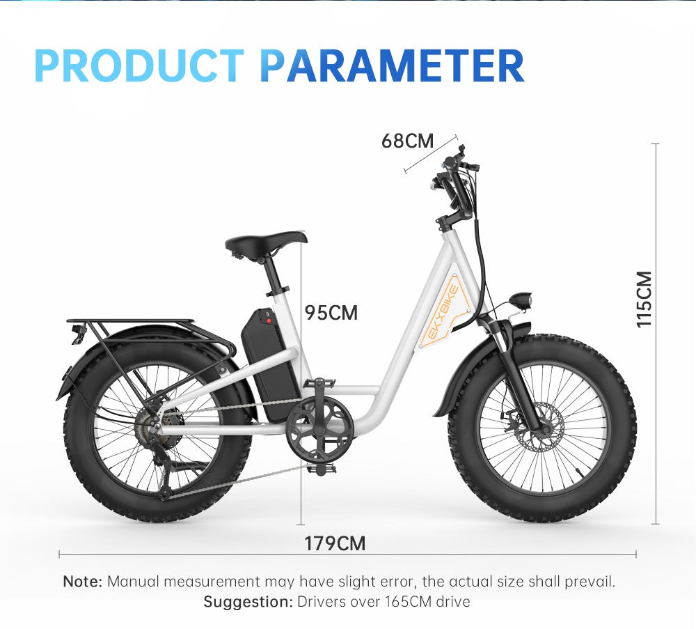Elektrokolo EKXBIKE L1, motor 1000 W, baterie 48 V 15,6 Ah, tlusté pneumatiky 20*4 palce, maximální rychlost 55 km/h, dojezd 80 km, kotoučová brzda, odpružení předního a zadního kola
