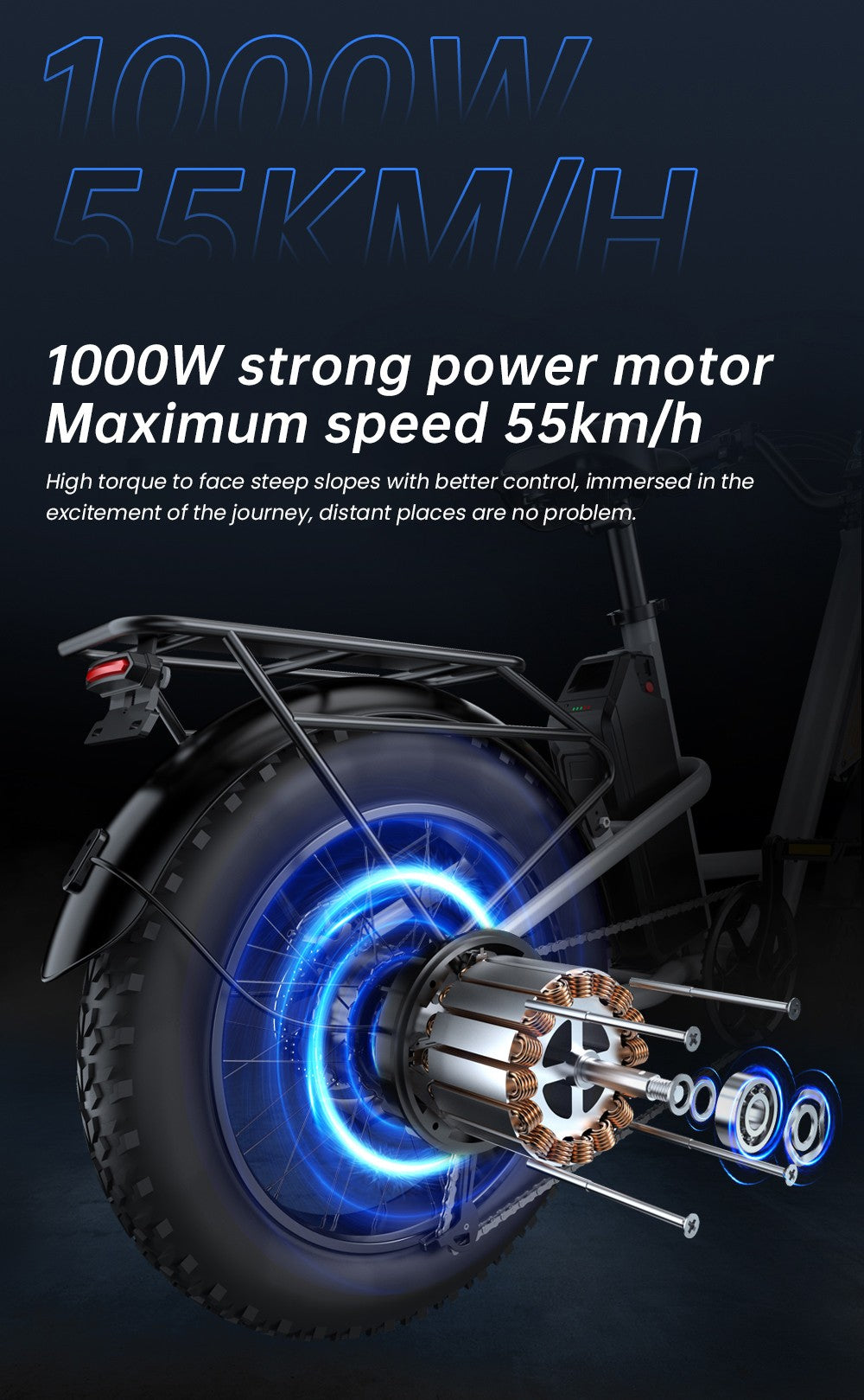 Elektrokolo EKXBIKE L1, motor 1000 W, baterie 48 V 15,6 Ah, tlusté pneumatiky 20*4 palce, maximální rychlost 55 km/h, dojezd 80 km, kotoučová brzda, odpružení předního a zadního kola
