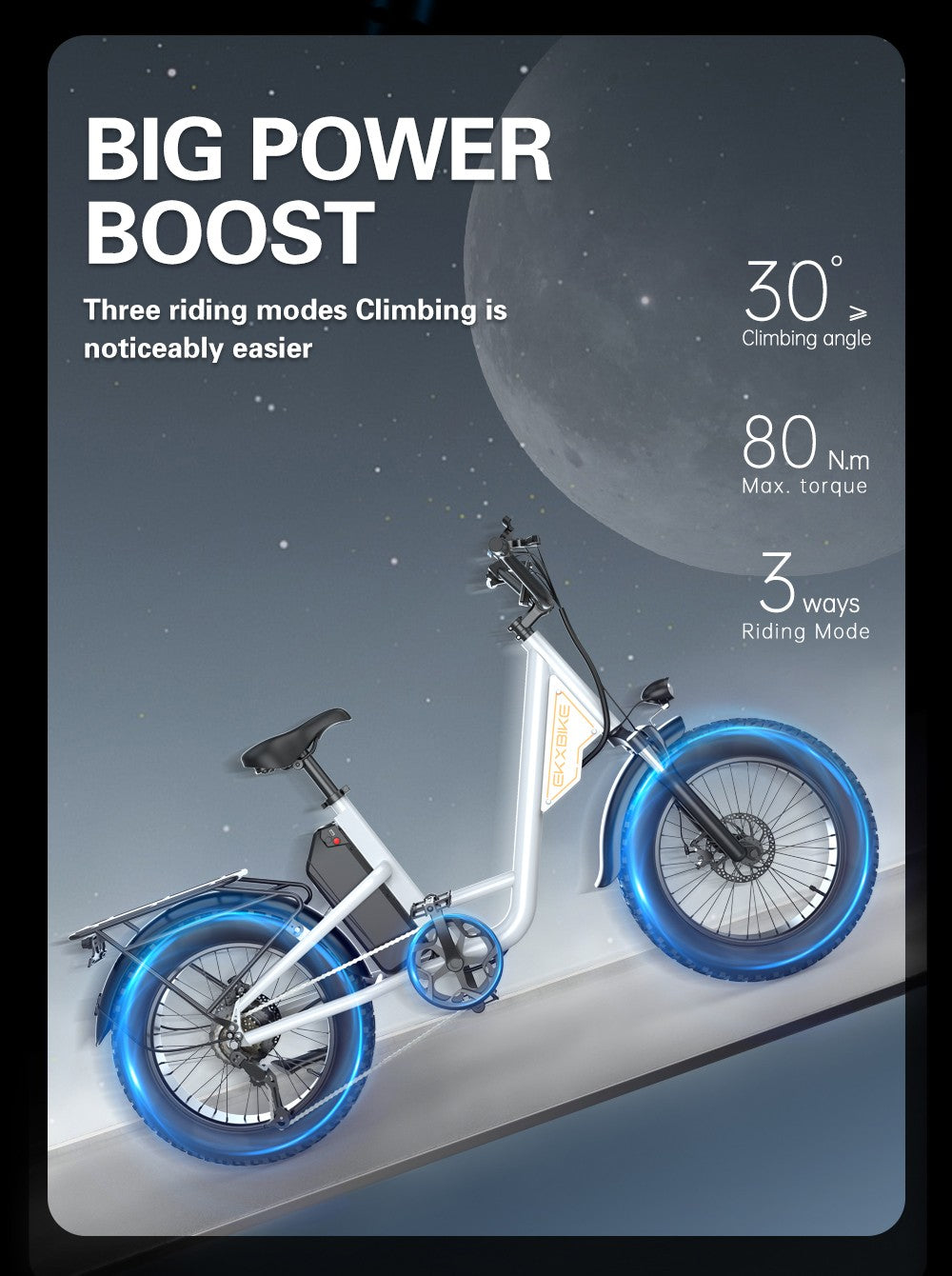 Elektrokolo EKXBIKE L1, motor 1000 W, baterie 48 V 15,6 Ah, tlusté pneumatiky 20*4 palce, maximální rychlost 55 km/h, dojezd 80 km, kotoučová brzda, odpružení předního a zadního kola