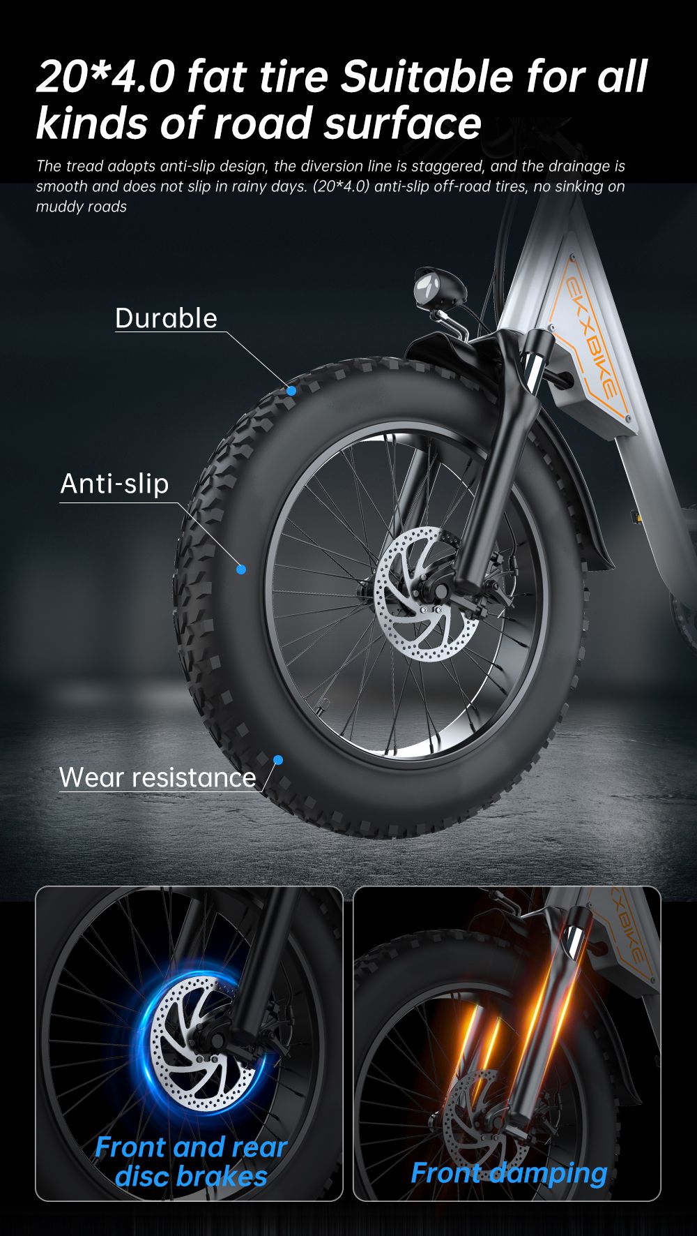 Elektrokolo EKXBIKE L1, motor 1000 W, baterie 48 V 15,6 Ah, tlusté pneumatiky 20*4 palce, maximální rychlost 55 km/h, dojezd 80 km, kotoučová brzda, odpružení předního a zadního kola