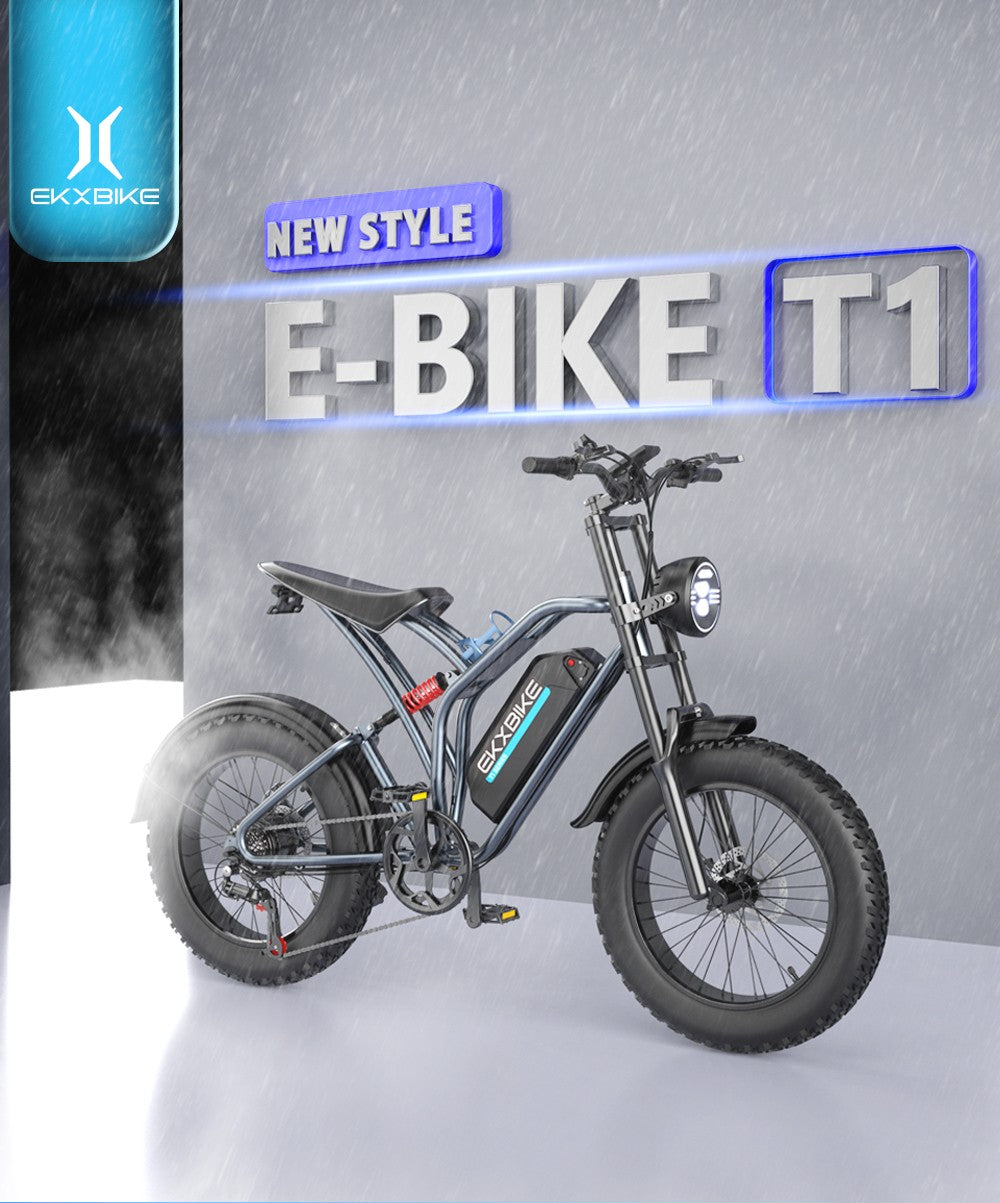Elektrokolo EKXBIKE T1, motor 1000 W, baterie 48 V 20 Ah, tlusté pneumatiky 20 x 4 palce, maximální rychlost 50 km/h, dojezd 100 km, kotoučové brzdy, hydraulický tlumič, řazení Shimano 7 rychlostí