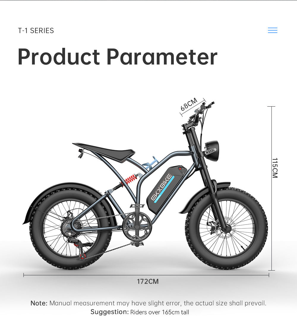Elektrokolo EKXBIKE T1, motor 1000 W, baterie 48 V 20 Ah, tlusté pneumatiky 20 x 4 palce, maximální rychlost 50 km/h, dojezd 100 km, kotoučové brzdy, hydraulický tlumič, řazení Shimano 7 rychlostí