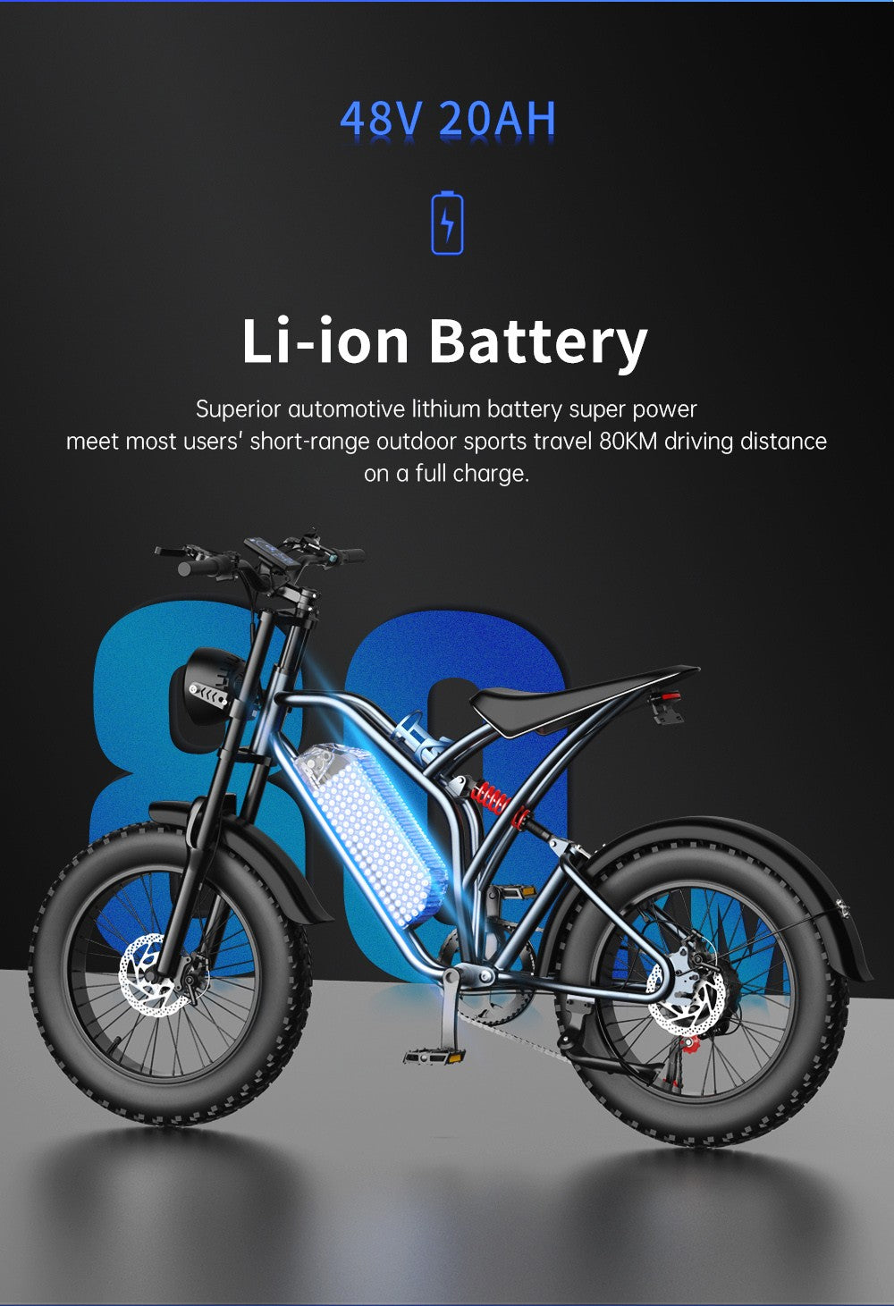 Elektrokolo EKXBIKE T1, motor 1000 W, baterie 48 V 20 Ah, tlusté pneumatiky 20 x 4 palce, maximální rychlost 50 km/h, dojezd 100 km, kotoučové brzdy, hydraulický tlumič, řazení Shimano 7 rychlostí