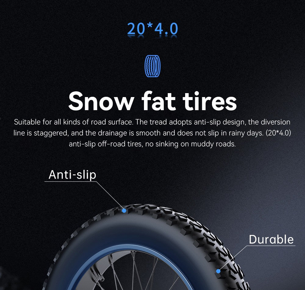 Elektrokolo EKXBIKE T1, motor 1000 W, baterie 48 V 20 Ah, tlusté pneumatiky 20 x 4 palce, maximální rychlost 50 km/h, dojezd 100 km, kotoučové brzdy, hydraulický tlumič, řazení Shimano 7 rychlostí