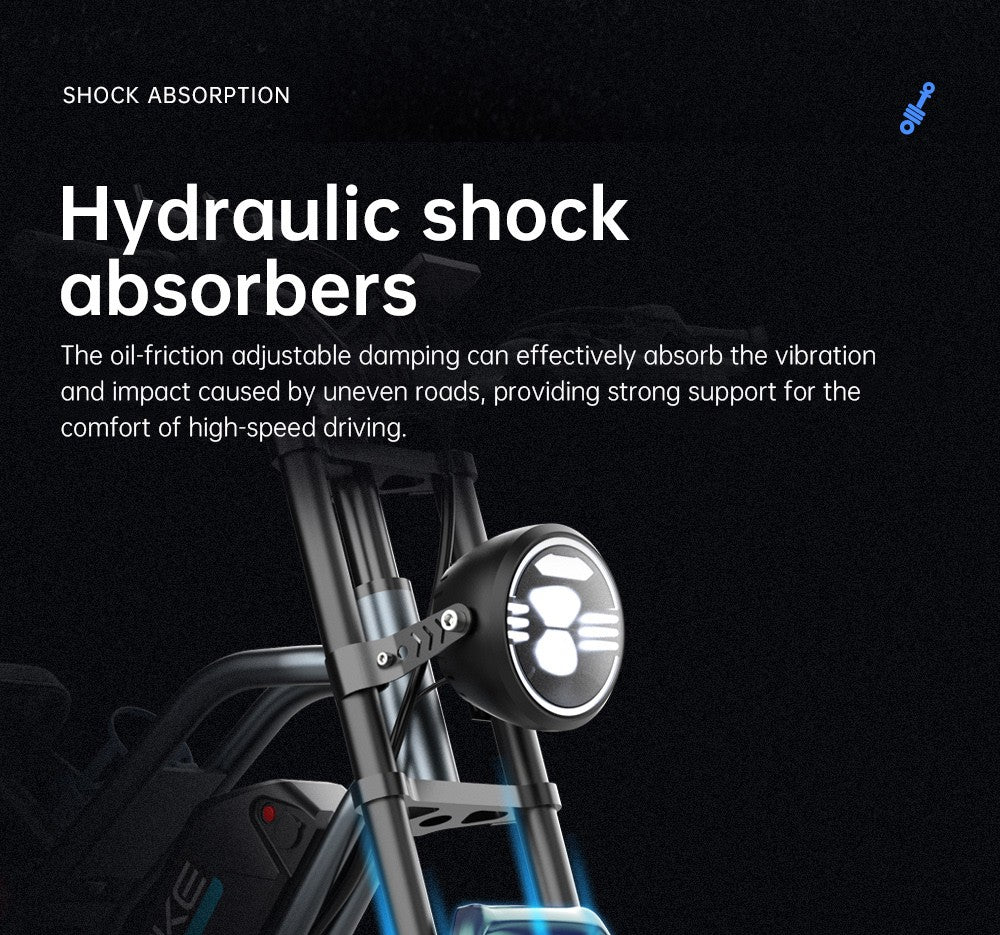 Elektrokolo EKXBIKE T1, motor 1000 W, baterie 48 V 20 Ah, tlusté pneumatiky 20 x 4 palce, maximální rychlost 50 km/h, dojezd 100 km, kotoučové brzdy, hydraulický tlumič, řazení Shimano 7 rychlostí