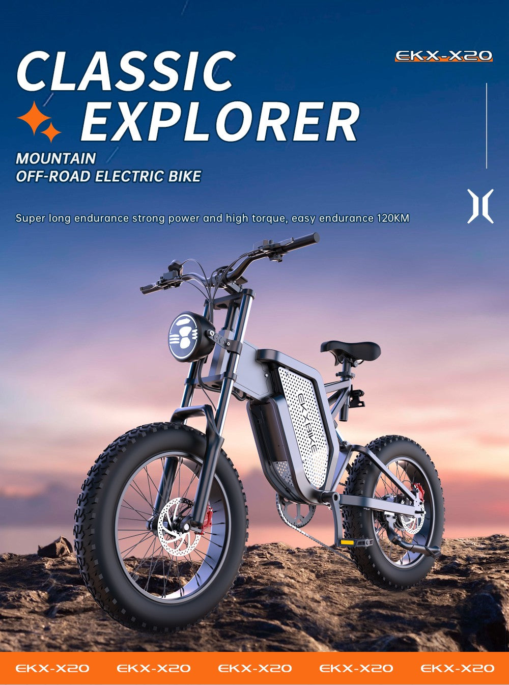 Elektrokolo EKXBIKE X20, motor 2000 W, baterie 48 V 35 Ah, tlusté pneumatiky 20 x 4,0 palce, maximální rychlost 55 km/h, dojezd 150 km, hydraulická brzda, hydraulický tlumič, Shimano 7 rychlostí