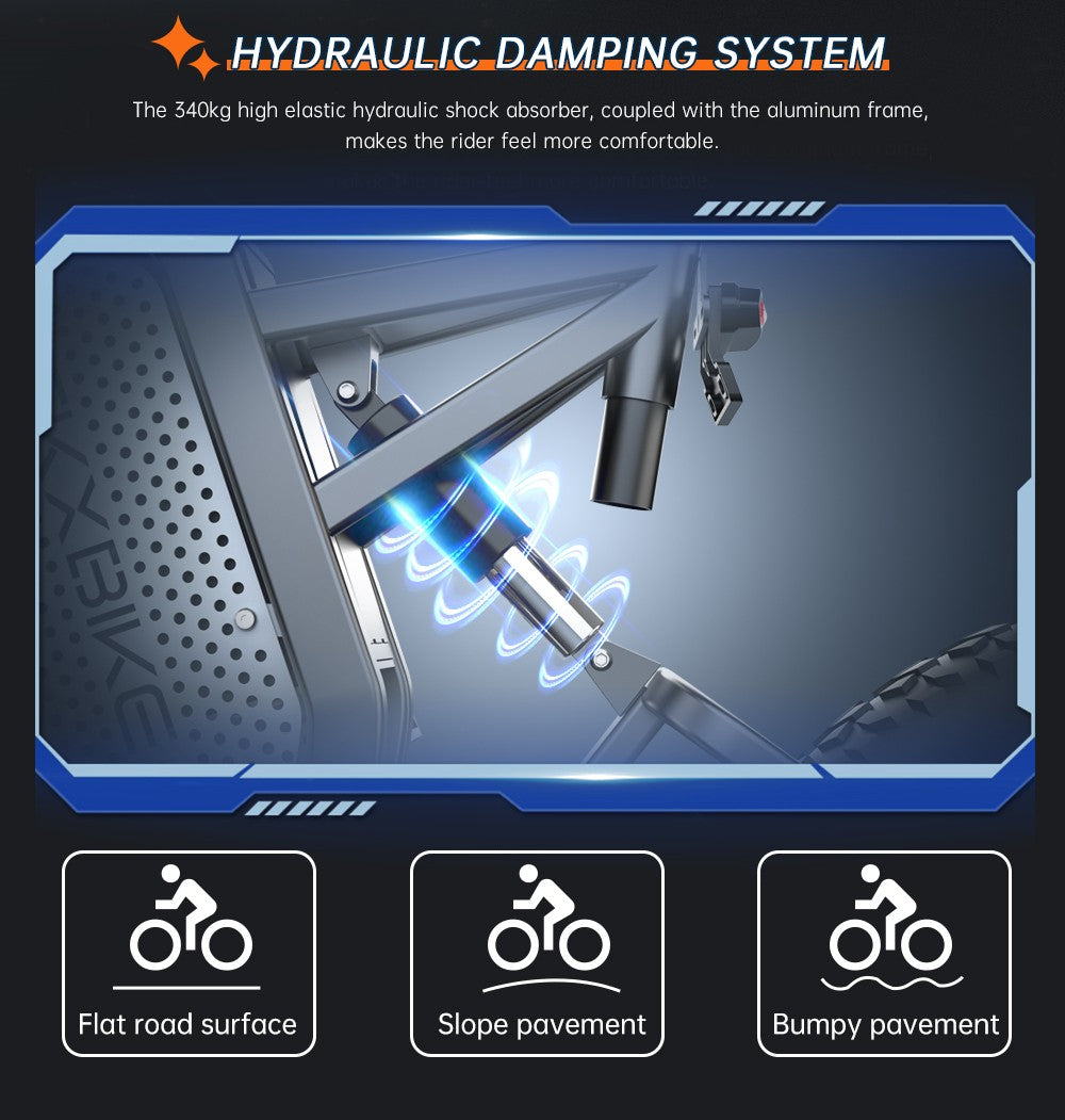 Elektrokolo EKXBIKE X20, motor 2000 W, baterie 48 V 35 Ah, tlusté pneumatiky 20 x 4,0 palce, maximální rychlost 55 km/h, dojezd 150 km, hydraulická brzda, hydraulický tlumič, Shimano 7 rychlostí