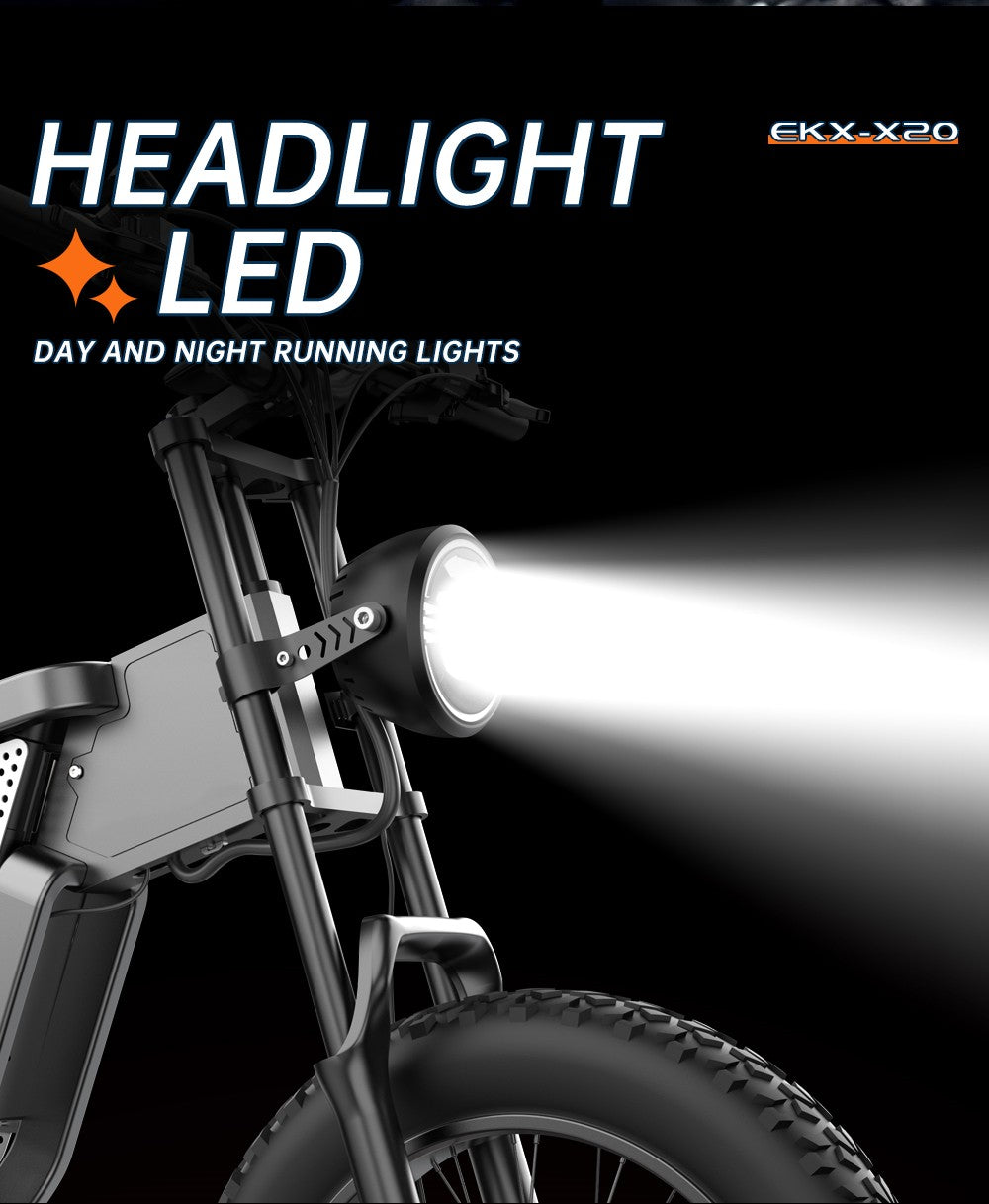 Elektrokolo EKXBIKE X20, motor 2000 W, baterie 48 V 35 Ah, tlusté pneumatiky 20 x 4,0 palce, maximální rychlost 55 km/h, dojezd 150 km, hydraulická brzda, hydraulický tlumič, Shimano 7 rychlostí