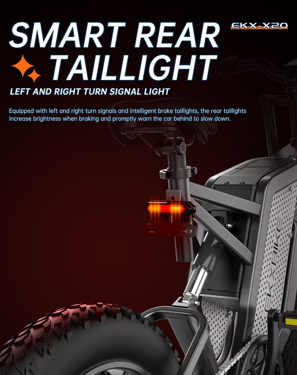 Elektrokolo EKXBIKE X20, motor 2000 W, baterie 48 V 35 Ah, tlusté pneumatiky 20 x 4,0 palce, maximální rychlost 55 km/h, dojezd 150 km, hydraulická brzda, hydraulický tlumič, Shimano 7 rychlostí