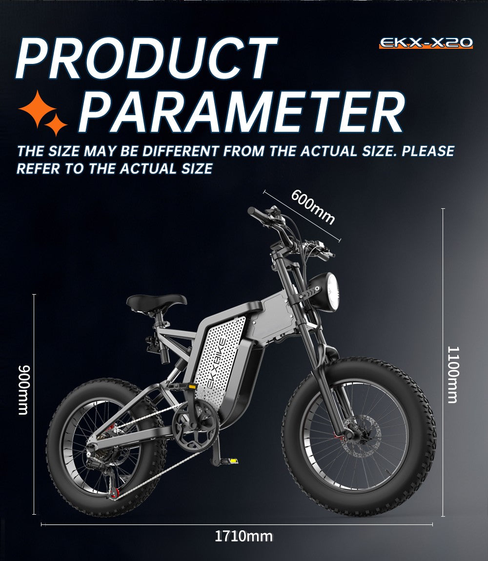 Elektrokolo EKXBIKE X20, motor 2000 W, baterie 48 V 35 Ah, tlusté pneumatiky 20 x 4,0 palce, maximální rychlost 55 km/h, dojezd 150 km, hydraulická brzda, hydraulický tlumič, Shimano 7 rychlostí