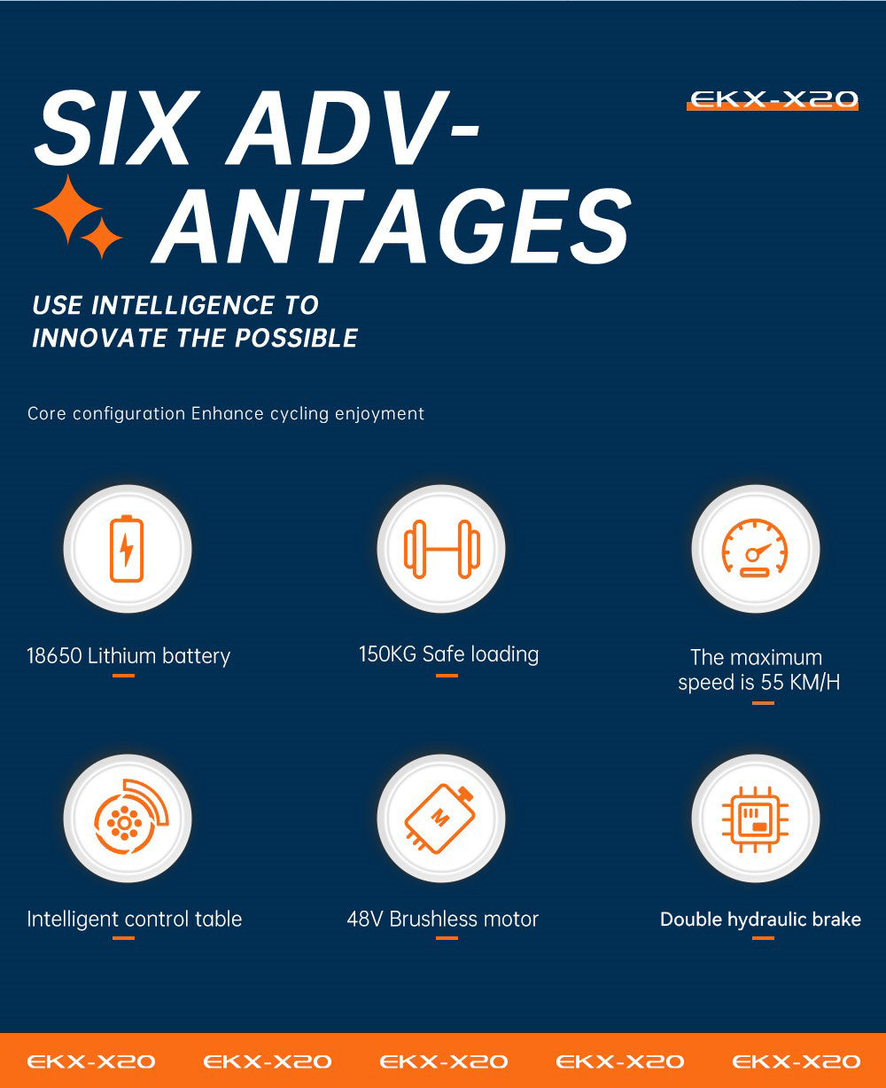Elektrokolo EKXBIKE X20, motor 2000 W, baterie 48 V 35 Ah, tlusté pneumatiky 20 x 4,0 palce, maximální rychlost 55 km/h, dojezd 150 km, hydraulická brzda, hydraulický tlumič, Shimano 7 rychlostí