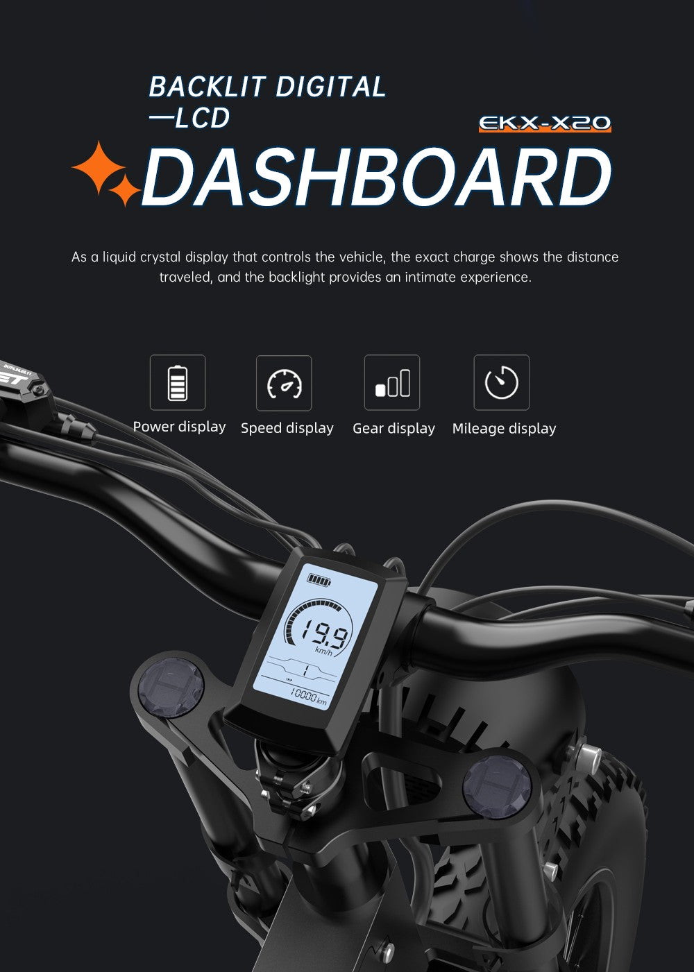 Elektrokolo EKXBIKE X20, motor 2000 W, baterie 48 V 35 Ah, tlusté pneumatiky 20 x 4,0 palce, maximální rychlost 55 km/h, dojezd 150 km, hydraulická brzda, hydraulický tlumič, Shimano 7 rychlostí