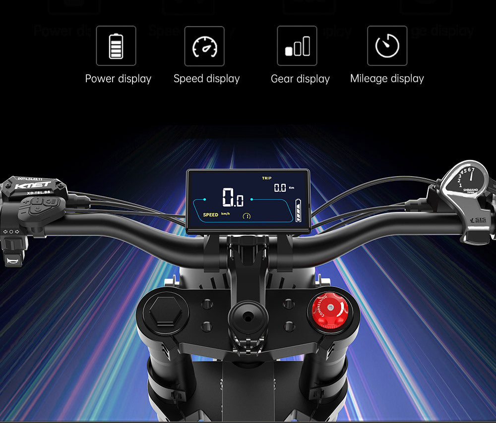 Elektrokolo EKXBIKE X21, motor 2000 W, baterie 48 V 35 Ah, pneumatiky 20*4 Fat, maximální rychlost 55 km, maximální dojezd 150 km, hydraulické brzdy, hydraulický tlumič, řazení Shimano 7 rychlostí