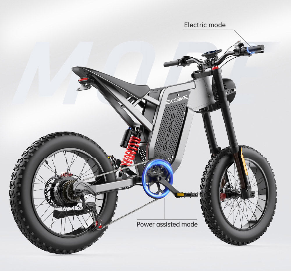 Elektrokolo EKXBIKE X21, motor 2000 W, baterie 48 V 35 Ah, tlusté pneumatiky 20*4 palce, maximální rychlost 55 km, maximální dojezd 150 km, hydraulická brzda, hydraulický tlumič, řazení Shimano 7 rychlostí