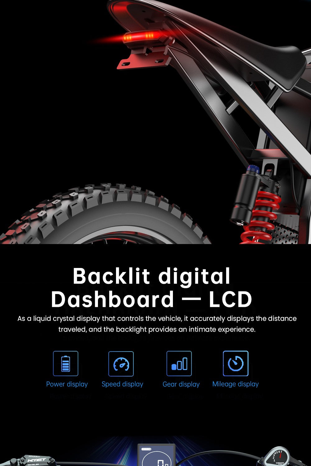 Elektrokolo EKXBIKE X21 Max, motor 3000 W, baterie 60 V 30 Ah, horské pneumatiky 19*2 palce, maximální rychlost 85 km/h, dojezd 90 km, hydraulické brzdy, hydraulický tlumič, řazení Shimano 7 rychlostí, LCD displej