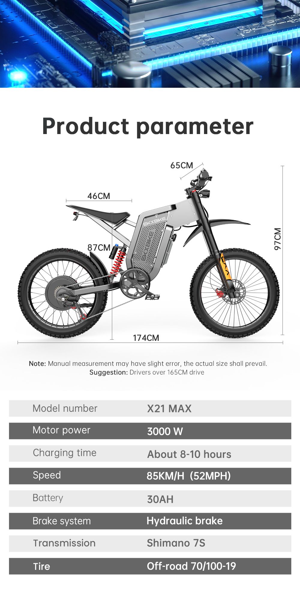 Elektrokolo EKXBIKE X21 Max, motor 3000 W, baterie 60 V 30 Ah, horské pneumatiky 19*2 palce, maximální rychlost 85 km/h, dojezd 90 km, hydraulické brzdy, hydraulický tlumič, řazení Shimano 7 rychlostí, LCD displej