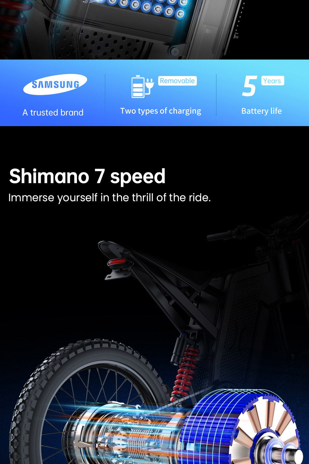 Elektrokolo EKXBIKE X21 Max, motor 3000 W, baterie 60 V 30 Ah, horské pneumatiky 19*2 palce, maximální rychlost 85 km/h, dojezd 90 km, hydraulické brzdy, hydraulický tlumič, řazení Shimano 7 rychlostí, LCD displej