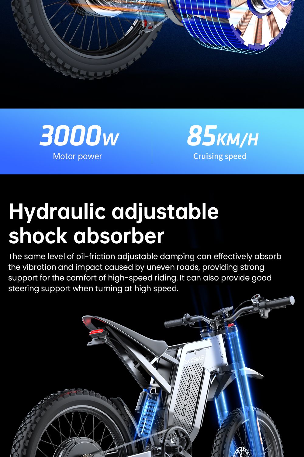 Elektrokolo EKXBIKE X21 Max, motor 3000 W, baterie 60 V 30 Ah, horské pneumatiky 19*2 palce, maximální rychlost 85 km/h, dojezd 90 km, hydraulické brzdy, hydraulický tlumič, řazení Shimano 7 rychlostí, LCD displej
