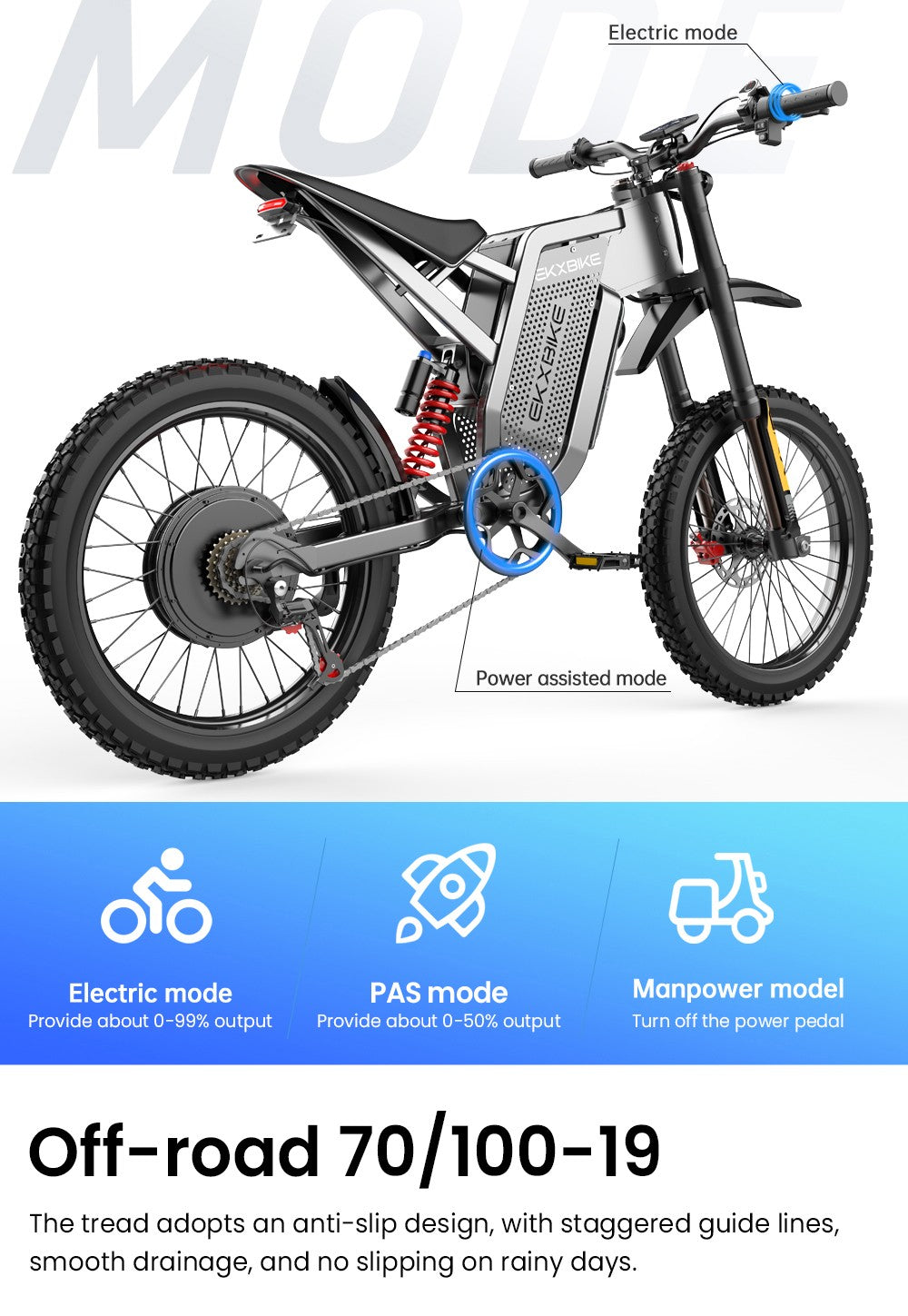 Elektrokolo EKXBIKE X21 Max, motor 3000 W, baterie 60 V 30 Ah, horské pneumatiky 19*2 palce, maximální rychlost 85 km/h, dojezd 90 km, hydraulické brzdy, hydraulický tlumič, řazení Shimano 7 rychlostí, LCD displej
