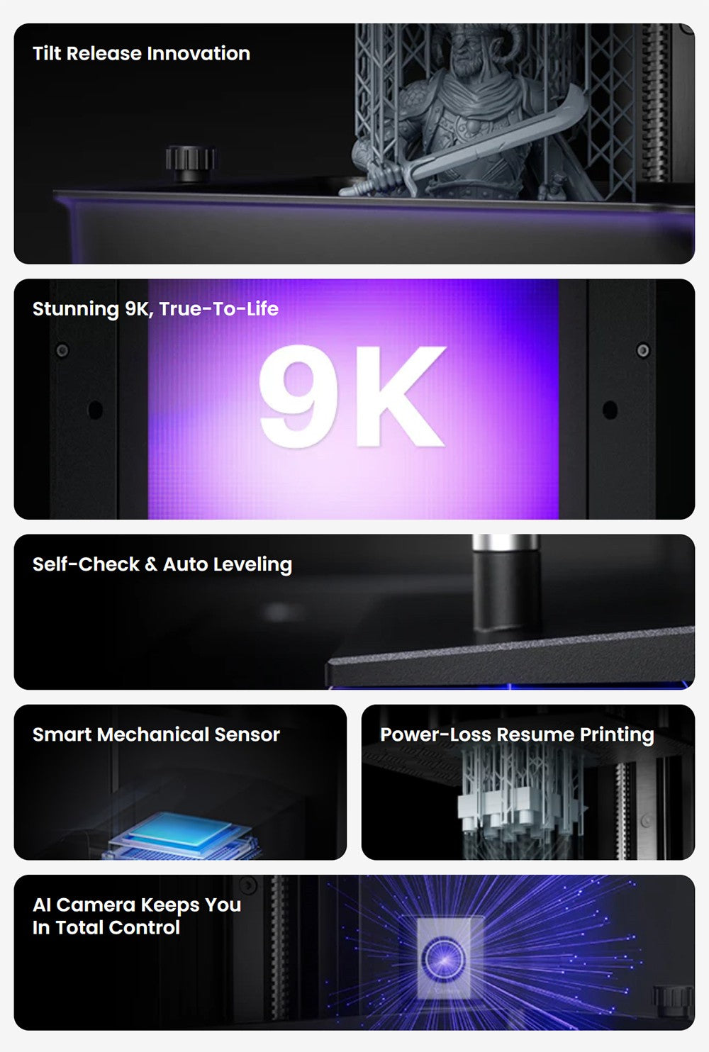 3D tiskárna Elegoo Mars 5 Ultra Resin, inteligentní mechanický senzor, 7palcový 9K monochromatický LCD displej, rychlost tisku 150 mm/h, AI kamera, automatické vyrovnávání, dvojité nalévací hubice, nádržka na pryskyřici, WiFi přenos, velikost tisku 6,04 x 3,06 x 6,49 palce