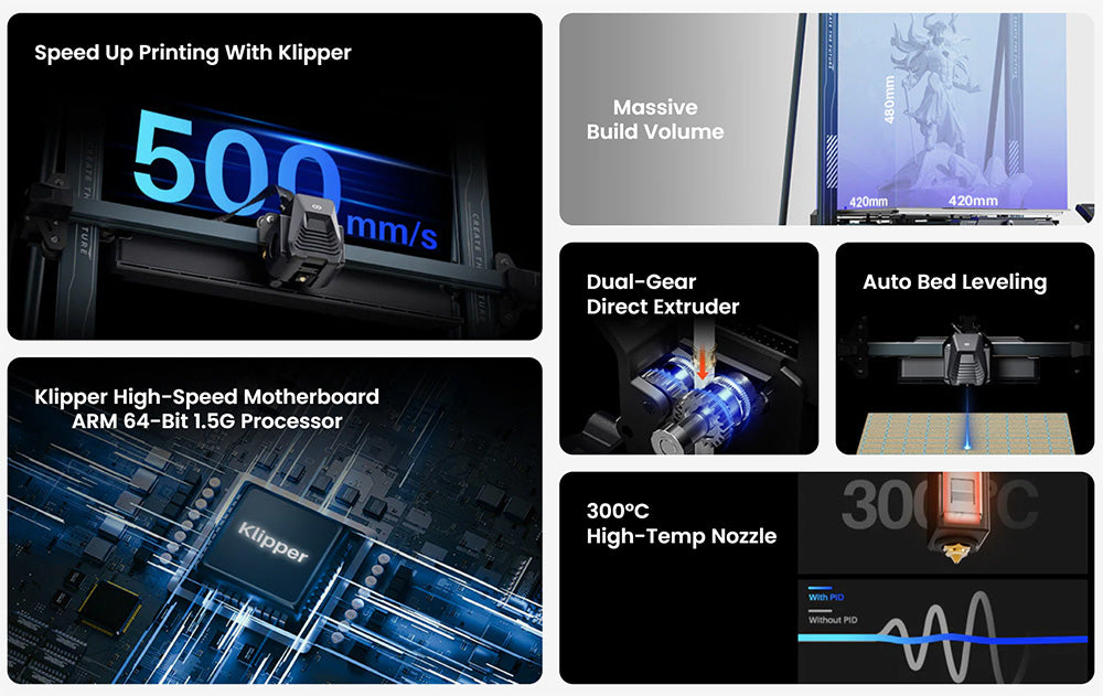 3D tiskárna Elegoo Neptune 4 Max, automatické nivelace, maximální rychlost tisku 500 mm/s, firmware Klipper, tryska pro vysokou teplotu 300 °C, chladicí ventilátor, WiFi připojení, 420*420*480 mm