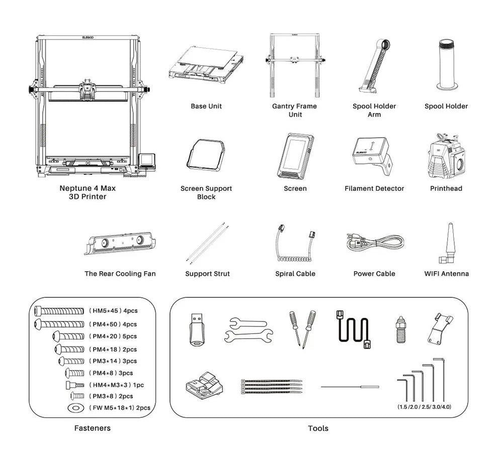 3D tiskárna Elegoo Neptune 4 Max, automatické nivelace, maximální rychlost tisku 500 mm/s, firmware Klipper, tryska pro vysokou teplotu 300 °C, chladicí ventilátor, WiFi připojení, 420x420x480 mm