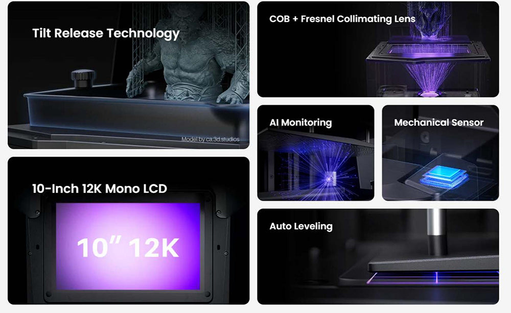 3D tiskárna ELEGOO Saturn 4 Ultra, 10palcový 12K monochromatický LCD displej, maximální rychlost tisku 150 mm/h, technologie uvolnění naklápěním, automatické vyrovnávání, odklápěcí kryt, inteligentní mechanický senzor, monitorování pomocí umělé inteligence, 218,88 x 122,88 x 220 mm³ - černá