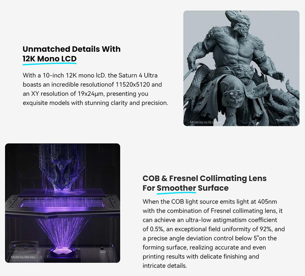 3D tiskárna ELEGOO Saturn 4 Ultra, 10palcový 12K monochromatický LCD displej, maximální rychlost tisku 150 mm/h, technologie uvolnění naklápěním, automatické vyrovnávání, odklápěcí kryt, inteligentní mechanický senzor, monitorování pomocí umělé inteligence, 218,88 x 122,88 x 220 mm³ - černá