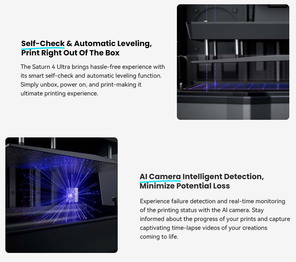 3D tiskárna ELEGOO Saturn 4 Ultra, 10palcový 12K monochromatický LCD displej, maximální rychlost tisku 150 mm/h, technologie uvolnění naklápěním, automatické vyrovnávání, odklápěcí kryt, inteligentní mechanický senzor, monitorování pomocí umělé inteligence, 218,88 x 122,88 x 220 mm³ - černá