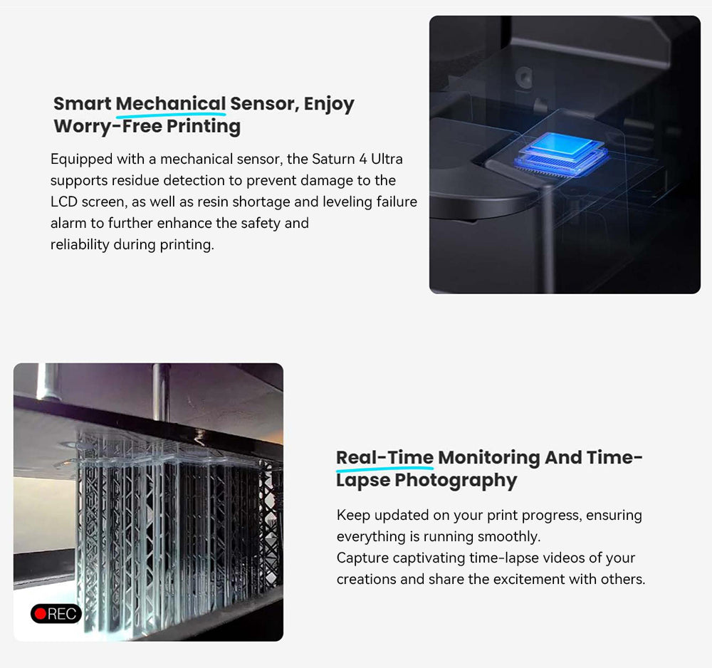 3D tiskárna ELEGOO Saturn 4 Ultra, 10palcový 12K monochromatický LCD displej, maximální rychlost tisku 150 mm/h, technologie uvolnění naklápěním, automatické vyrovnávání, odklápěcí kryt, inteligentní mechanický senzor, monitorování pomocí umělé inteligence, 218,88 x 122,88 x 220 mm³ - černá