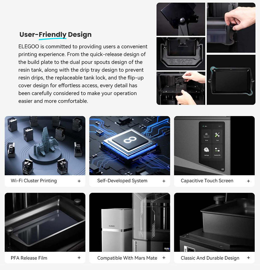 3D tiskárna ELEGOO Saturn 4 Ultra, 10palcový 12K monochromatický LCD displej, maximální rychlost tisku 150 mm/h, technologie uvolnění naklápěním, automatické vyrovnávání, odklápěcí kryt, inteligentní mechanický senzor, monitorování pomocí umělé inteligence, 218,88 x 122,88 x 220 mm³ - černá