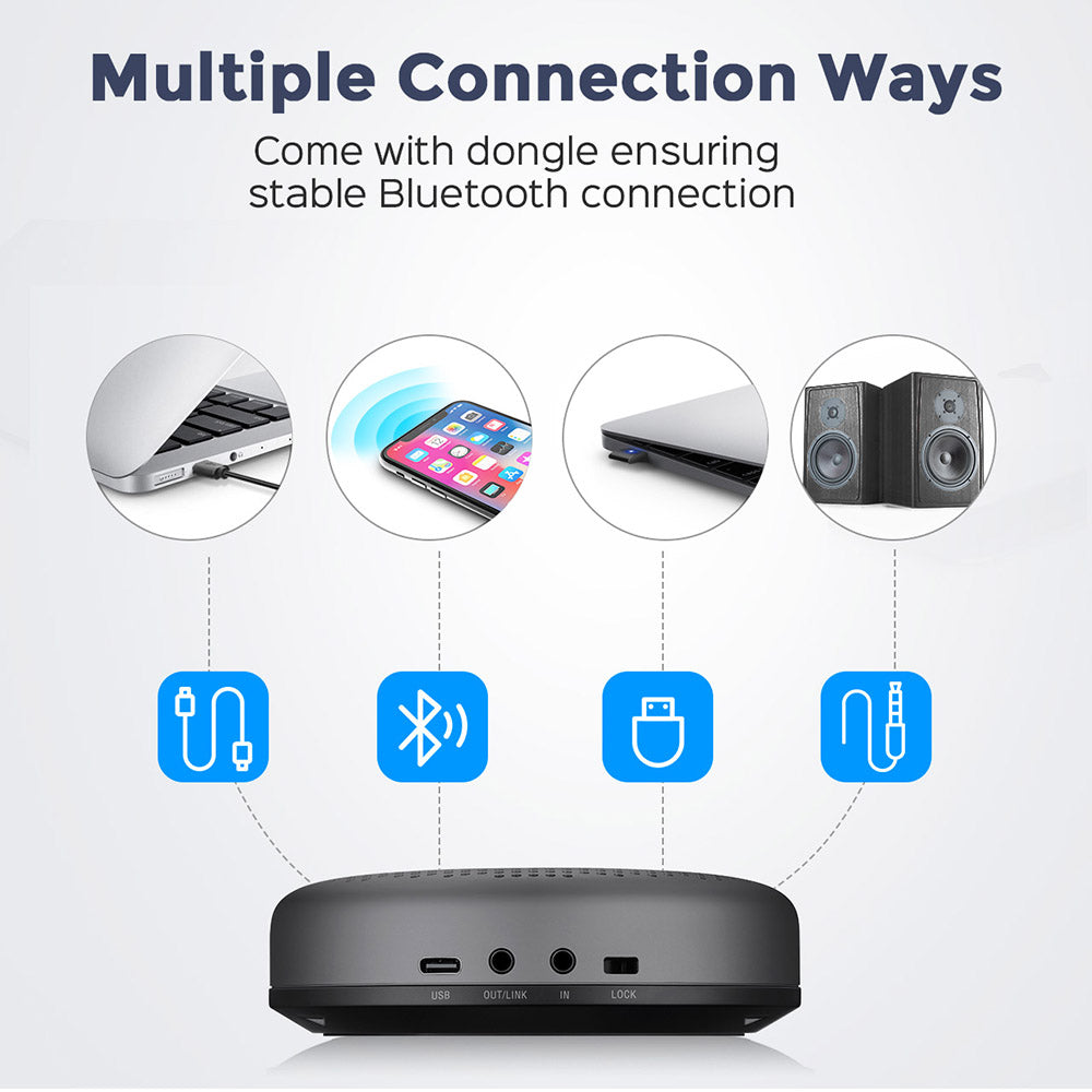 Přenosný Bluetooth konferenční reproduktor eMeet Luna Lite s mikrofony, hlasovým potlačením hluku s umělou inteligencí, USB / Bluetooth / bezdrátovým adaptérem / AUX připojením, řetězením, 360° snímání hlasu