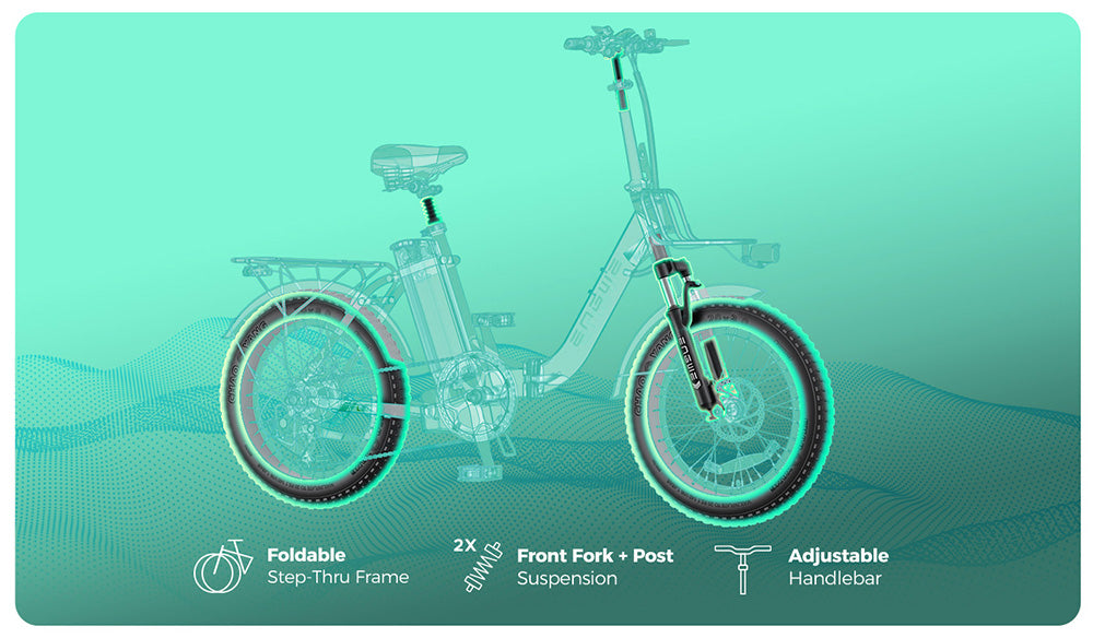 Elektrokolo ENGWE L20 2.0, pneumatiky 20*3,0 palce, motor v náboji 750 W, baterie 52 V 13 Ah, maximální rychlost 45 km/h, dojezd 135 km, mechanická kotoučová brzda, řazení Shimano 7 rychlostí - zelené