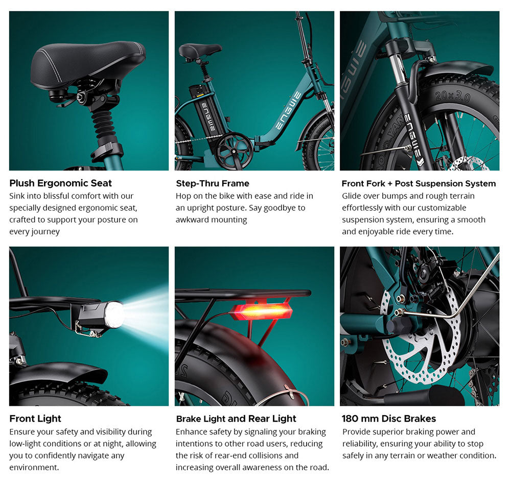 Elektrokolo ENGWE L20 2.0, pneumatiky 20*3,0 palce, motor v náboji 750 W, baterie 52 V 13 Ah, maximální rychlost 45 km/h, dojezd 135 km, mechanická kotoučová brzda, řazení Shimano 7 rychlostí - zelené
