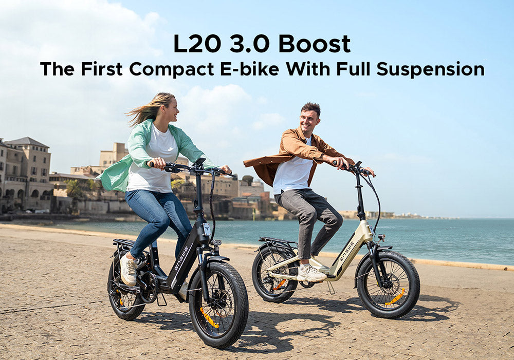 Elektrokolo ENGWE L20 3.0 Boost, motor 250 W, baterie 48 V 13,5 Ah, pneumatiky 20 x 3,0 palce, maximální dojezd 135 km, hydraulické brzdy, celoodpružené, senzor točivého momentu, řazení Shimano 7 rychlostí - Golden