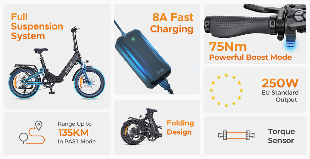 Elektrokolo ENGWE L20 3.0 Boost, motor 250 W, baterie 48 V 13,5 Ah, pneumatiky 20 x 3,0 palce, maximální dojezd 135 km, hydraulické brzdy, celoodpružené, senzor točivého momentu, řazení Shimano 7 rychlostí - Golden