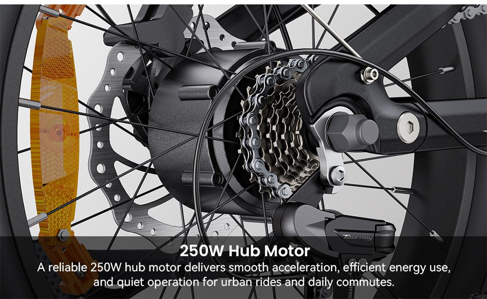 Elektrokolo ENGWE L20 3.0 Boost, motor 250 W, baterie 48 V 13,5 Ah, pneumatiky 20 x 3,0 palce, maximální dojezd 135 km, hydraulické brzdy, celoodpružené, senzor točivého momentu, řazení Shimano 7 rychlostí - Golden