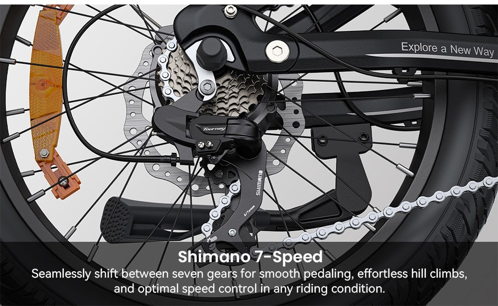 Elektrokolo ENGWE L20 3.0 Boost, motor 250 W, baterie 48 V 13,5 Ah, pneumatiky 20 x 3,0 palce, maximální dojezd 135 km, hydraulické brzdy, celoodpružené, senzor točivého momentu, řazení Shimano 7 rychlostí - Golden