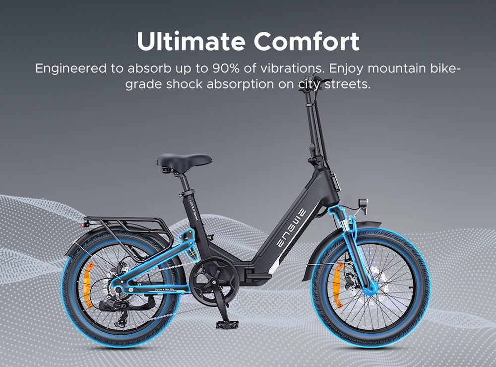 Elektrokolo ENGWE L20 3.0 Boost, motor 250 W, baterie 48 V 13,5 Ah, pneumatiky 20 x 3,0 palce, maximální dojezd 135 km, hydraulické brzdy, celoodpružené, senzor točivého momentu, řazení Shimano 7 rychlostí - Golden