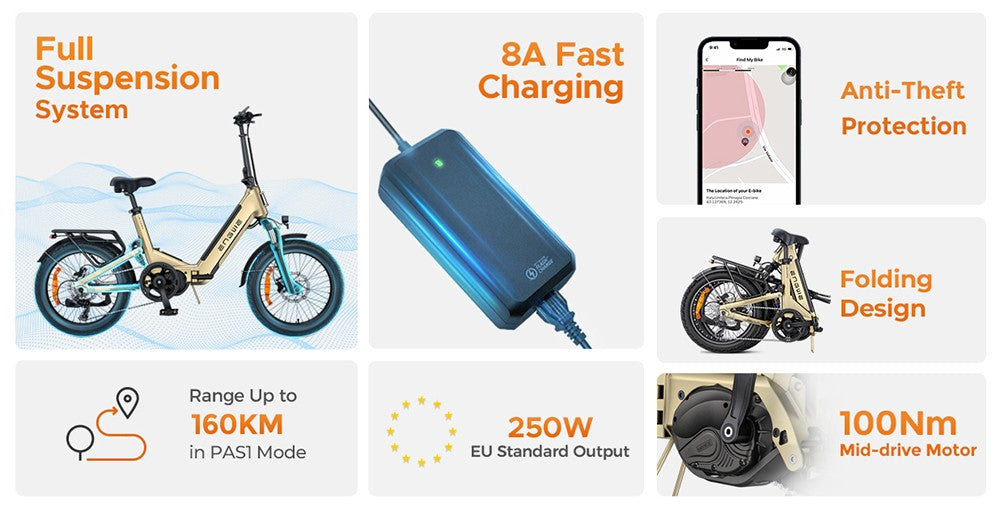 Elektrokolo ENGWE L20 3.0 Pro, motor 250 W, baterie 48 V 15 Ah, pneumatiky 20 x 3,0 palce, maximální dojezd 160 km, hydraulické brzdy, celoodpružené, Shimano 7 rychlostí - zlatá