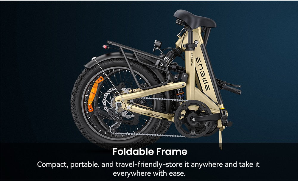 Elektrokolo ENGWE L20 3.0 Pro, motor 250 W, baterie 48 V 15 Ah, pneumatiky 20 x 3,0 palce, maximální dojezd 160 km, hydraulické brzdy, celoodpružené, Shimano 7 rychlostí - zlatá