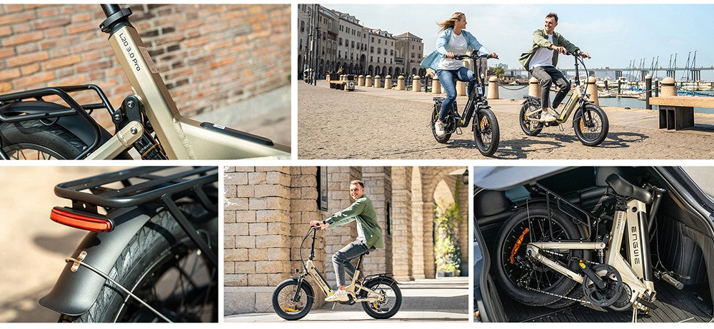 Elektrokolo ENGWE L20 3.0 Pro, motor 250 W, baterie 48 V 15 Ah, pneumatiky 20 x 3,0 palce, maximální dojezd 160 km, hydraulické brzdy, celoodpružené, Shimano 7 rychlostí - zlatá