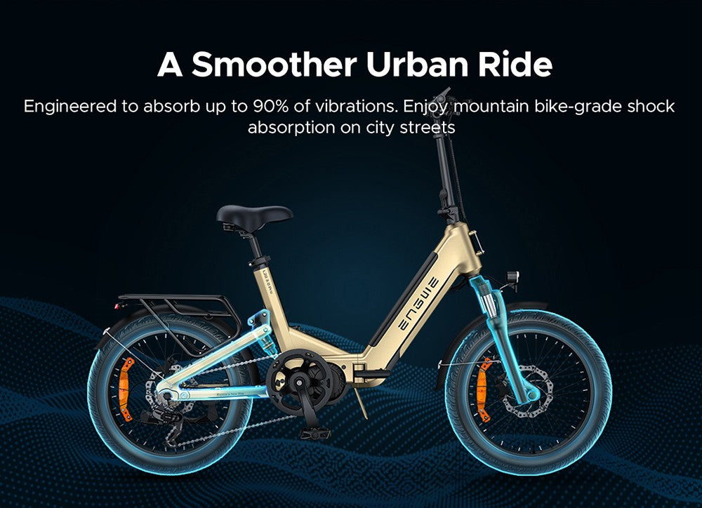 Elektrokolo ENGWE L20 3.0 Pro, motor 250 W, baterie 48 V 15 Ah, pneumatiky 20 x 3,0 palce, maximální dojezd 160 km, hydraulické brzdy, celoodpružené, Shimano 7 rychlostí - zlatá