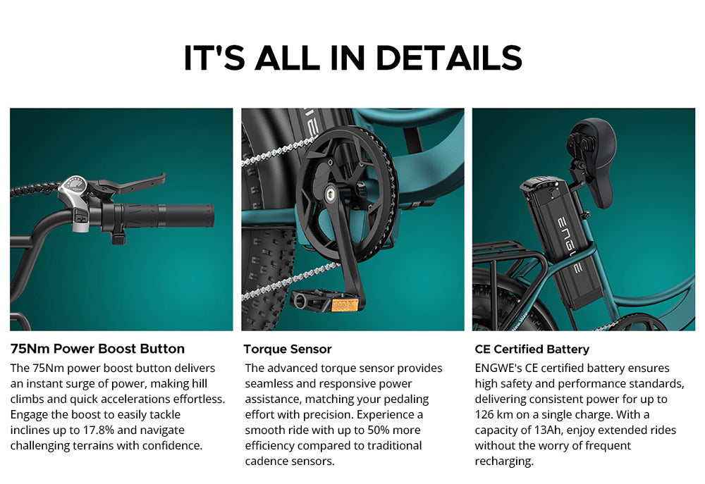 Elektrokolo ENGWE L20 BOOST, motor 250 W, baterie 48 V 13 Ah, tlusté pneumatiky 20 x 4 palce, maximální rychlost 25 km/h, maximální dojezd 126 km, senzor točivého momentu, řazení Shimano 7 rychlostí, odpružená přední vidlice, mechanické kotoučové brzdy - černé
